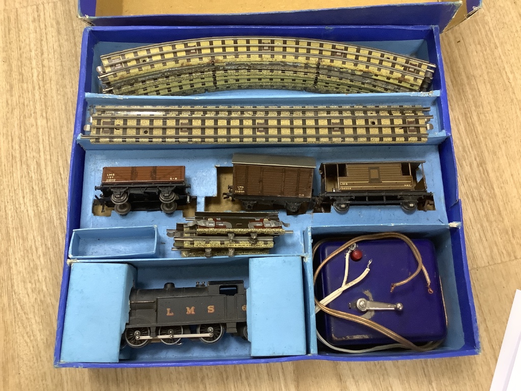 A Hornby Dublo EDG7 tank goods train set, an EDL 18 2-6-4 tank locomotive boxed, one other locomotive and accessories